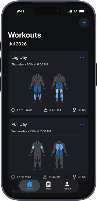 Repium workout history with muscle heatmaps