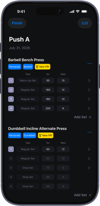 Logging a workout in Repium with a new personal record